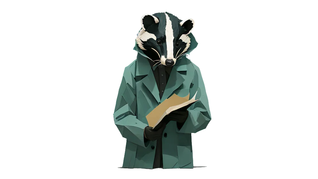 Der Dachs-Archivar prüft einen gestempelten Ausweis durch eine Lupe