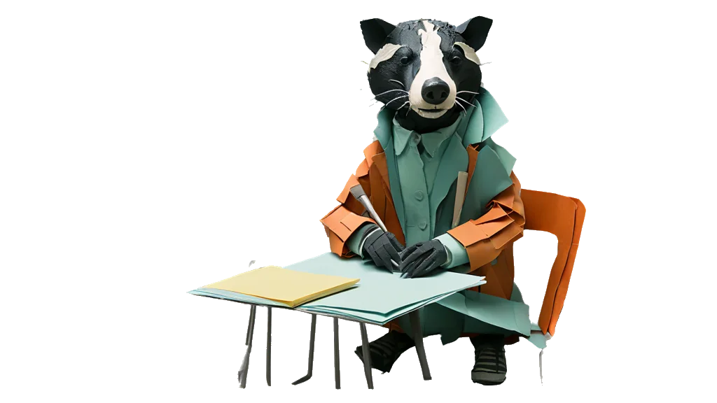 Der Dachs-Archivar an einem Lesepult voller Unterlagen