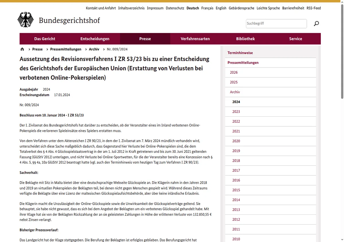 Die Pressemitteilung 009/2024 des Bundesgerichtshofs zur Aussetzung des Verfahrens I ZR 53/23